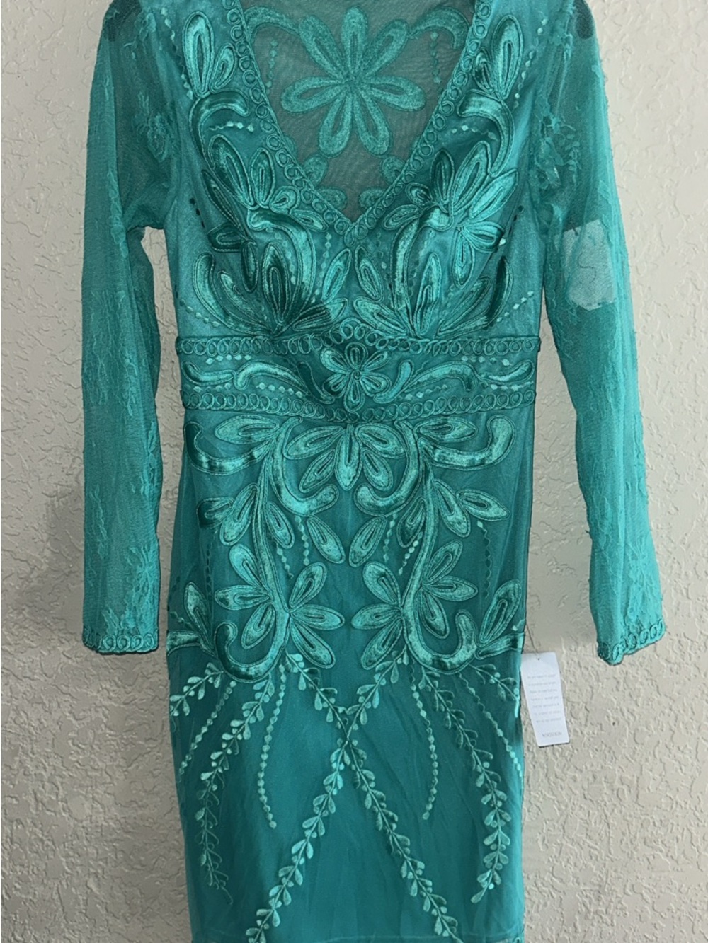 Sue Wong Teal Embroidered Lace Midi Dress